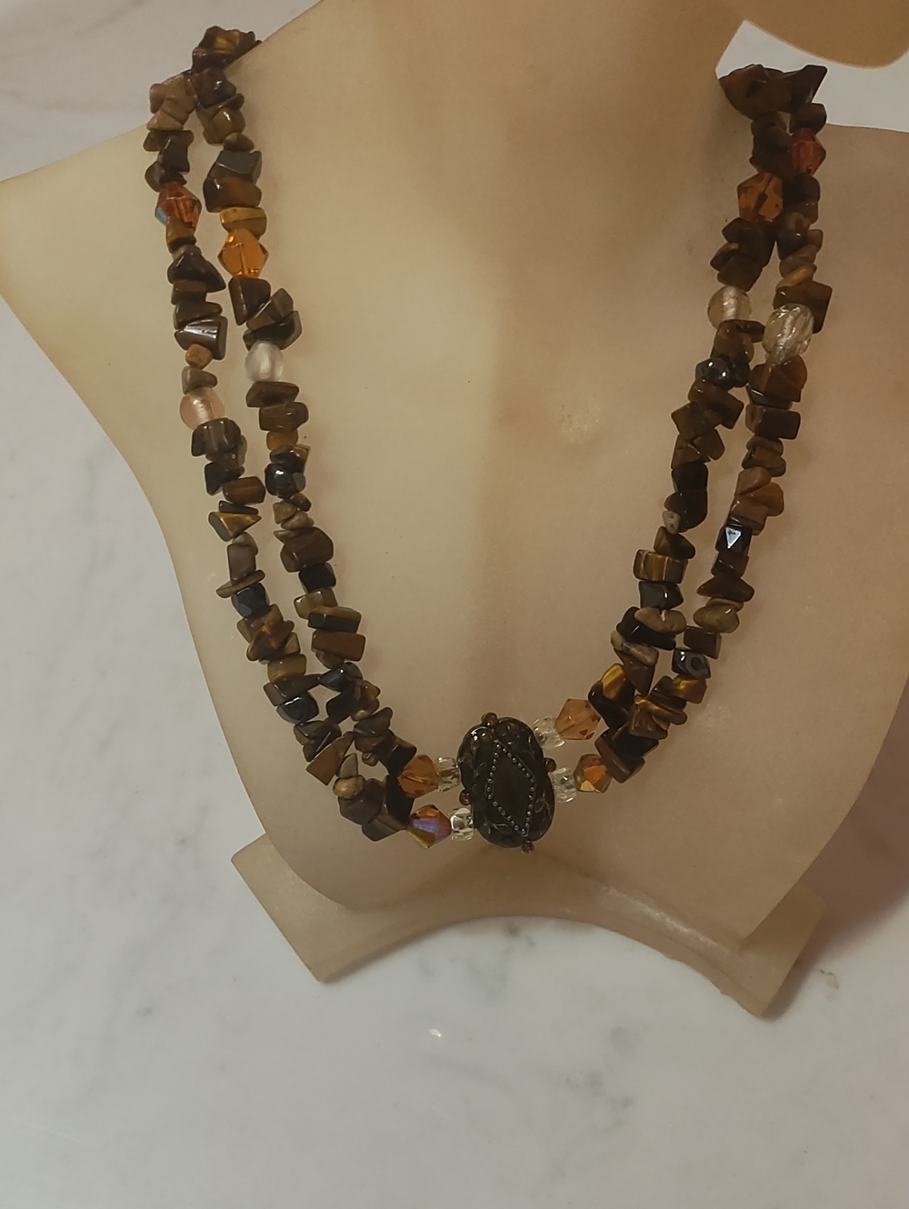 Double Strand Brown Tiger Eye Beaded Necklace with Centerpiece